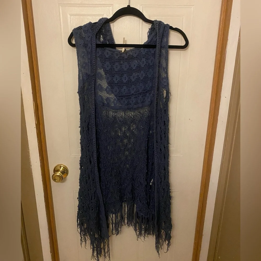 Free People Crazy Love Open Knit Fringe Vest
